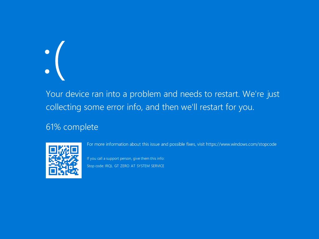 Błąd systemu Windows- Niebieski ekran śmierci na laptopie