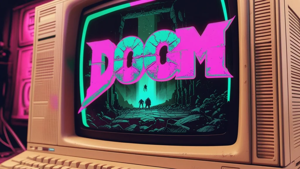 retro komputer na monitorze gra z lat 90 doom
