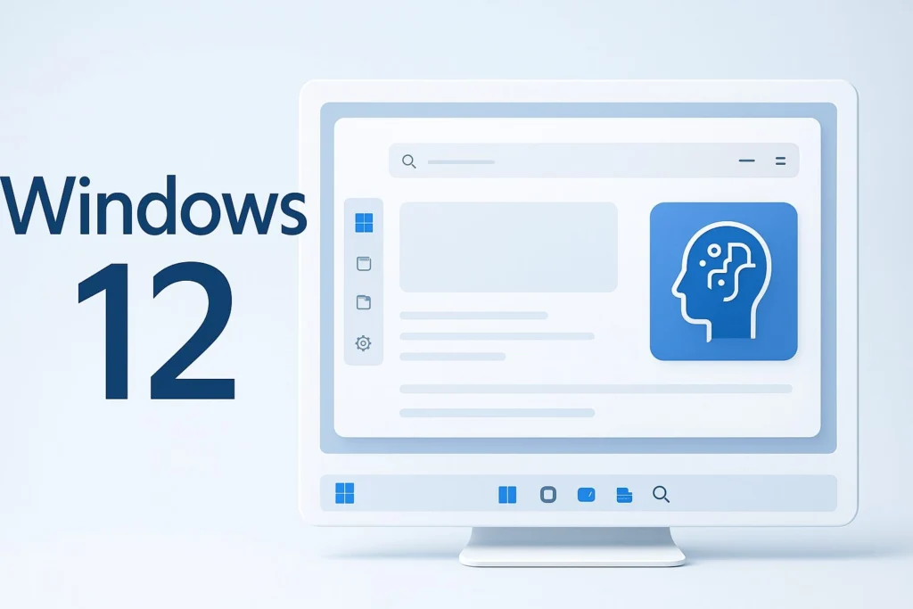 Nowoczesny projekt koncepcyjny systemu Windows 12 z minimalistycznym interfejsem i elementami sztucznej inteligencji