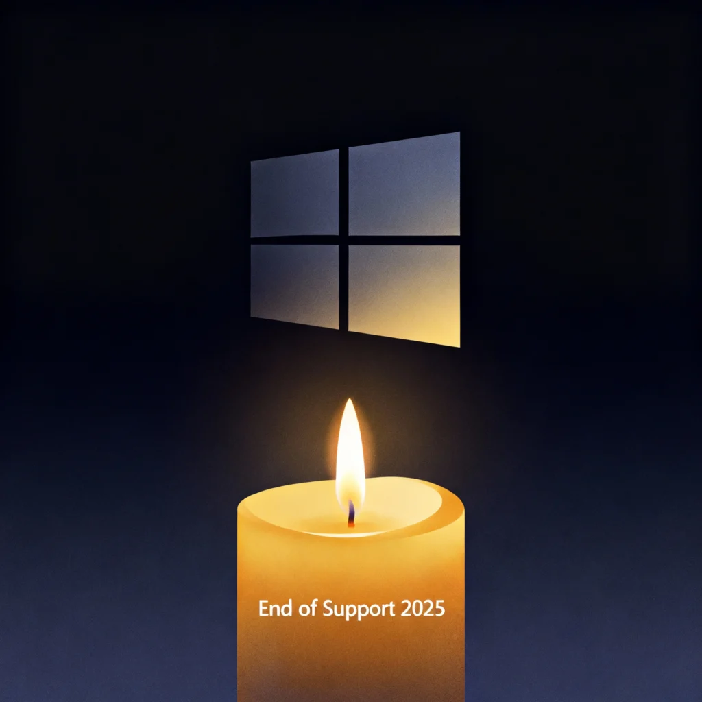 Logo Windows 10 i płonąca świeczka symbolizująca koniec wsparcia w 2025 roku.