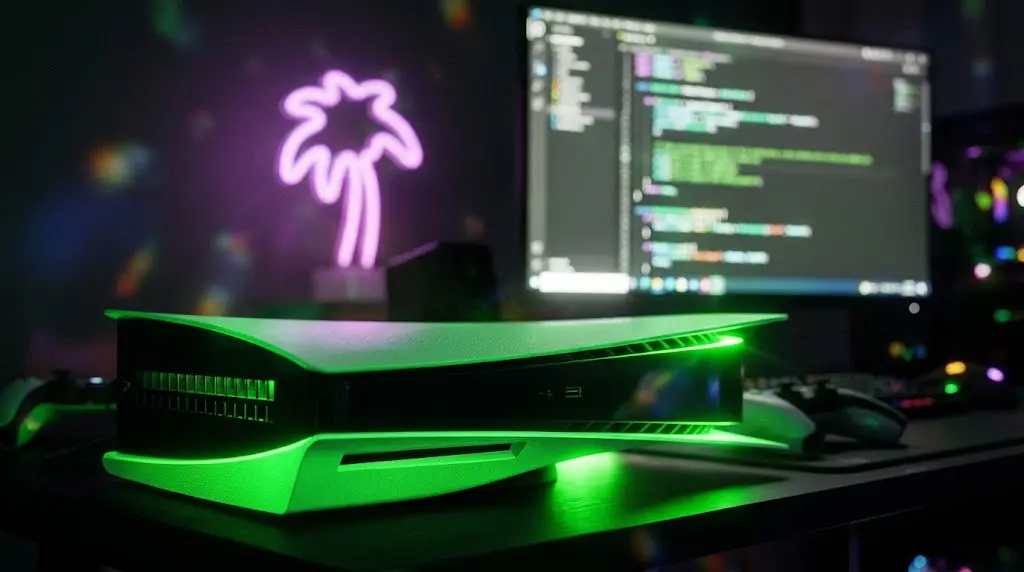 Zhakowana konsola PlayStation 5 na tle kodu – złamanie zabezpieczeń firmware 14.10 przed premierą GTA 6.